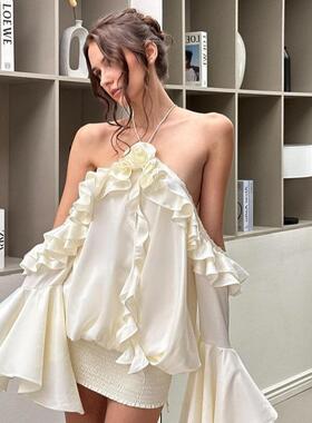 sexy temperament ruffled sleeve off-shoulder Womens trumpet