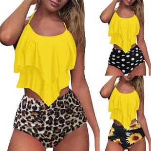 Black double ruffled halter with breast pad swimsuit womens