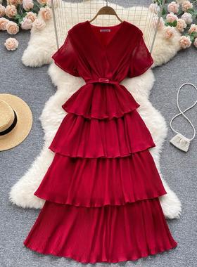 robe pleat -line slim waist high sleeved summer dress beach