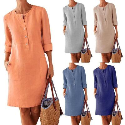 dress length knee pocket patch sleeves long loose buttons