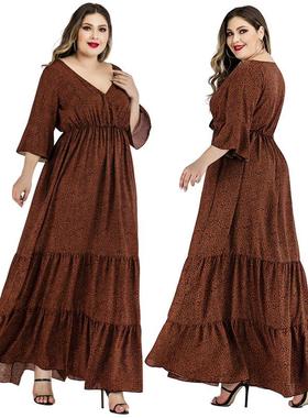 Plus Size Womens Leopard Print Dress V-Neck Trumpet Sleeve