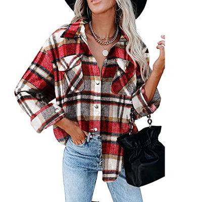 Womens Plaid Shirt Long Sleeve Loose Pocket Buttoned Wool