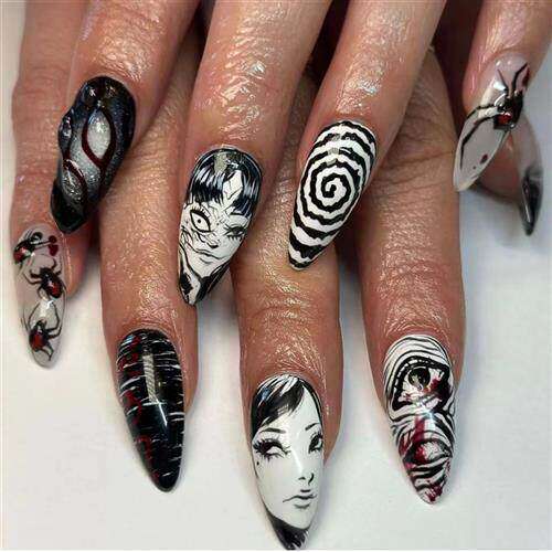 24pcs Black Spider Fake Nails y2k Punk Style Girls Painted F
