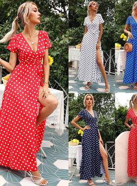 split dress hem sundress vestido casual women long polka