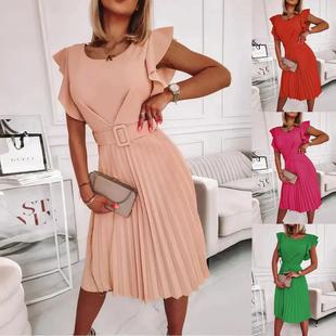 neck waist with belt dress round ruffle Women pleated