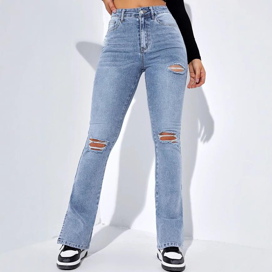fit ripped hem slim jeans women slits Fashionable stretch