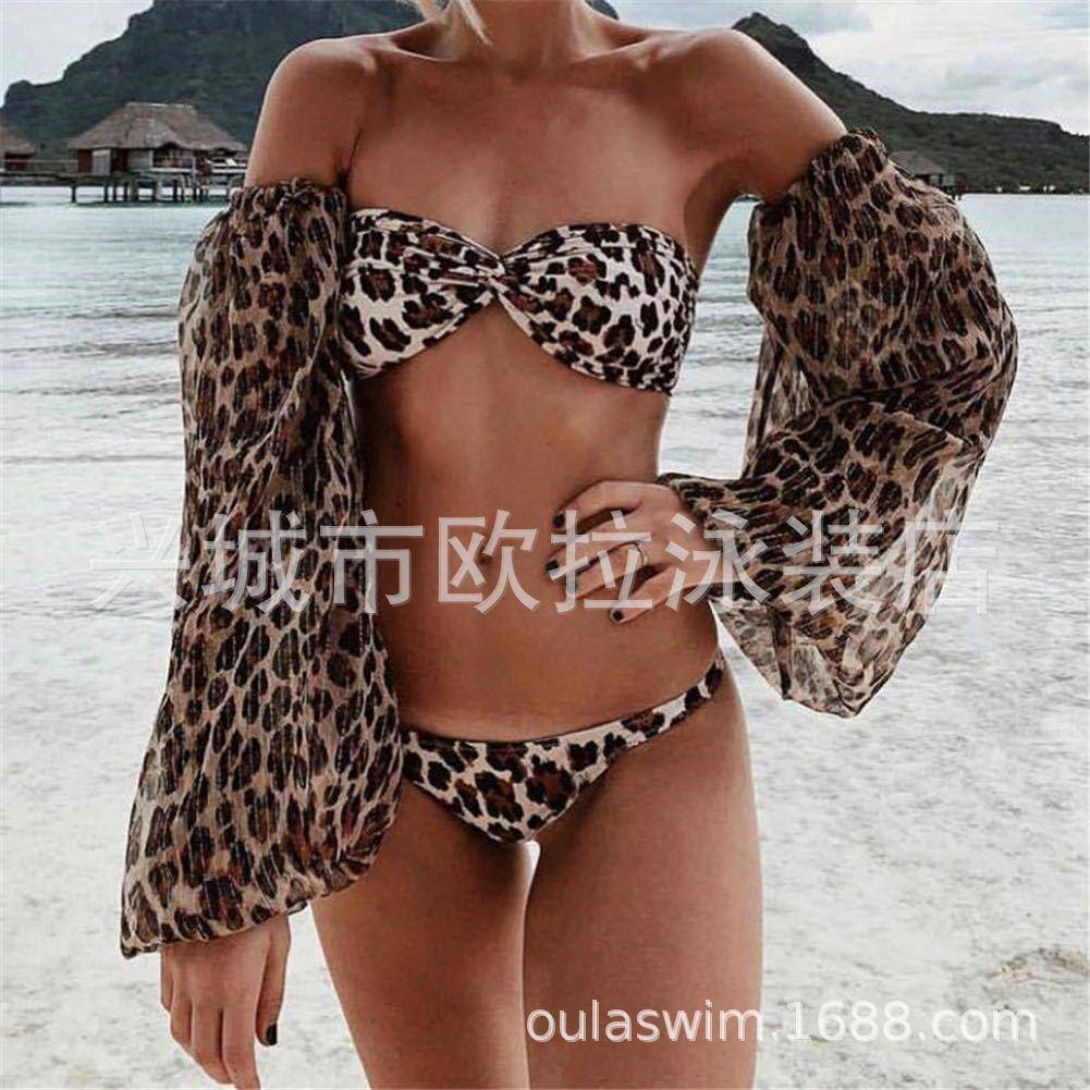 Swimsuit leopard print bikini lantern long sleeve sunscreen