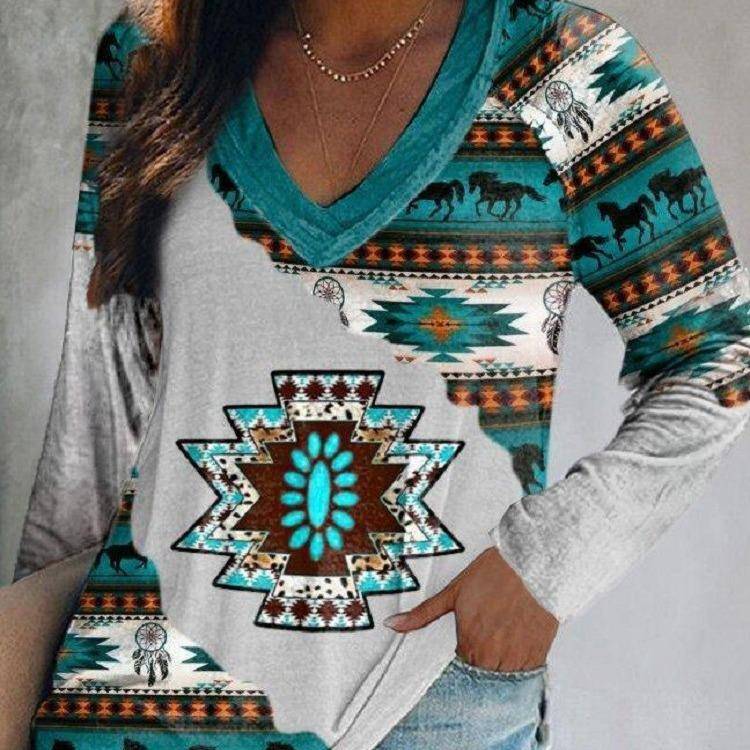 Womens Fashion Loose Round Neck Digital Western V Neck