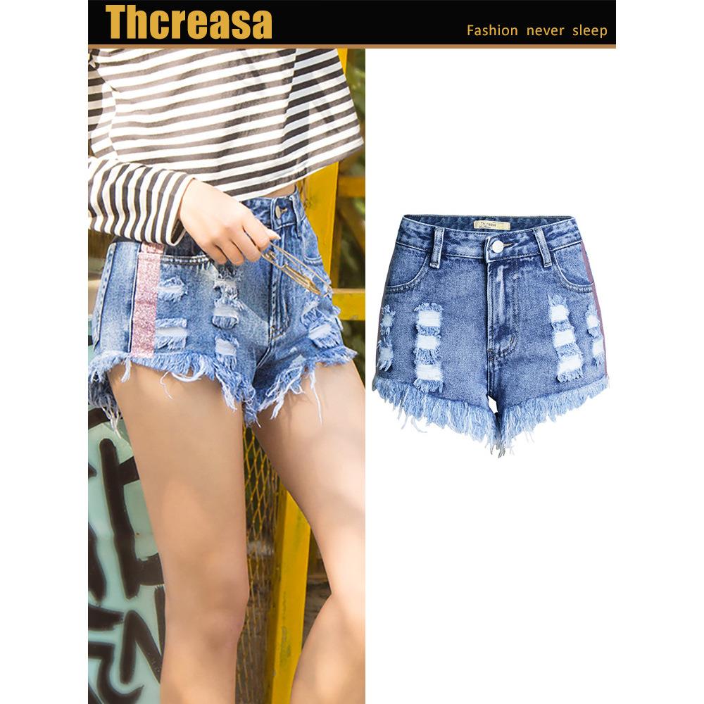 Ripped irregular whisker fringe colored ribbon denim high