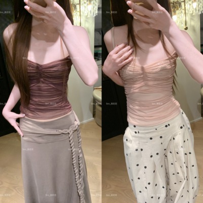 蒜尼尼【闪钻网纱蝴蝶飞】双层肩带可调节显瘦辣妹吊带背心女3230