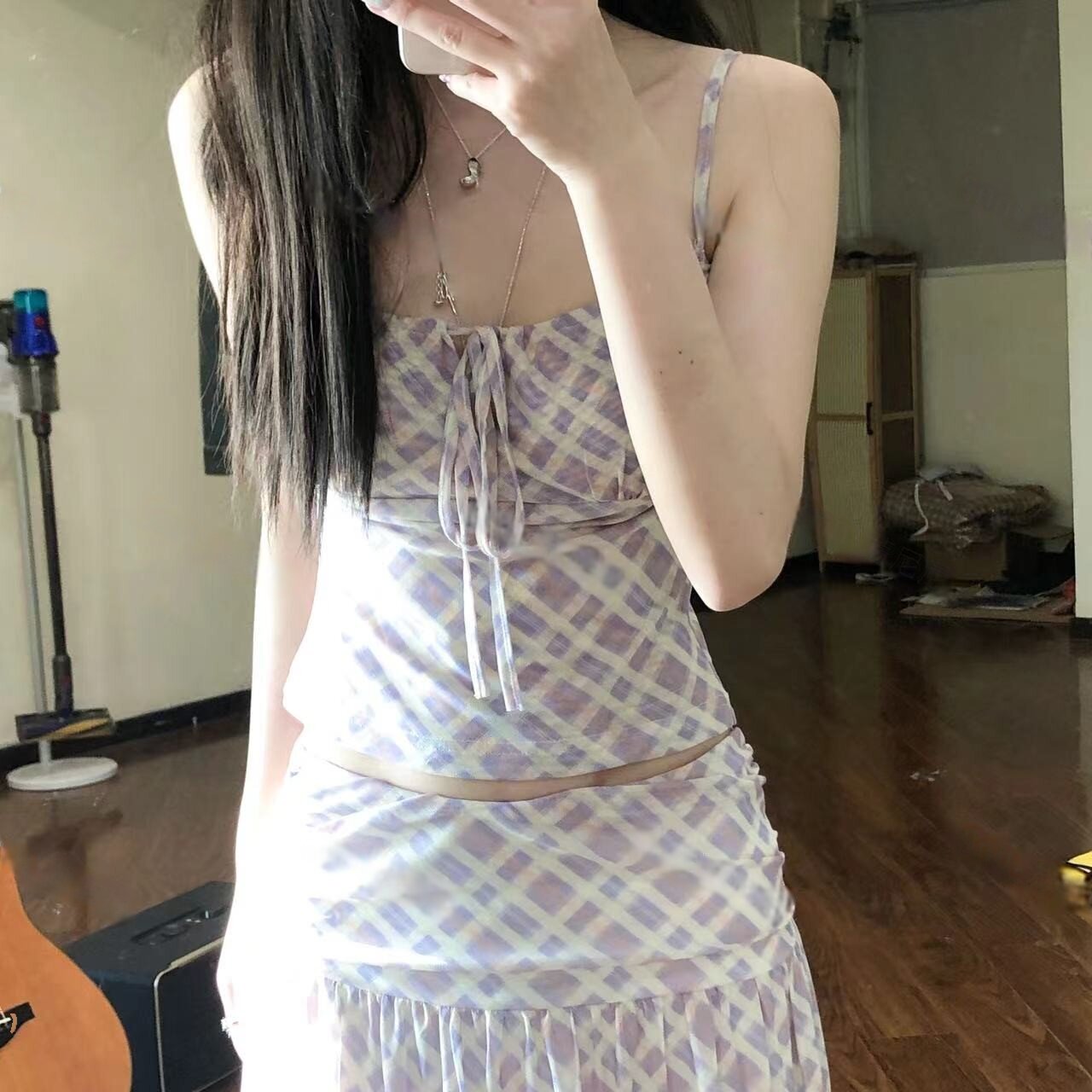 蒜尼尼分体夏季辣妹格纹印花小众设计吊带背心显瘦气质半身裙9530