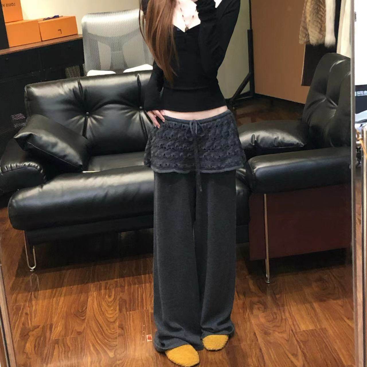 蒜尼尼【ins编织针织直筒裤】遮胯显瘦韩系氛围系带调节腰头6301