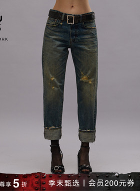 R13 ROMEO 深色水洗做旧褪色男友风低腰修身直筒牛仔裤