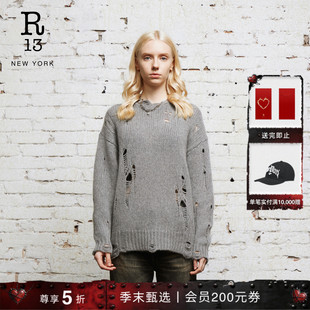 R13 慵懒男友风Oversized版型做旧破洞圆领毛衣套头衫