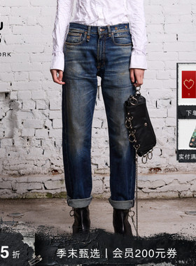 R13 BOYFRIEND 美式街头做旧水洗工艺修身直筒男友风靛蓝牛仔裤女