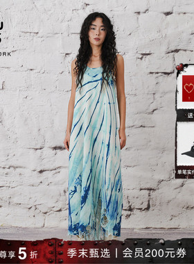 R13 美式休闲蓝色扎染不规则破洞下摆设计吊带连衣裙