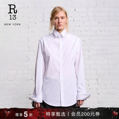 R13秋冬修身长领白色纽扣衬衫女