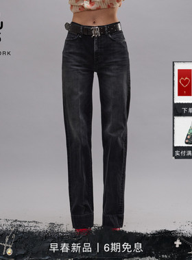 R13 2026早春新品 PAULINE做旧黑色水洗高腰修身直筒牛仔裤