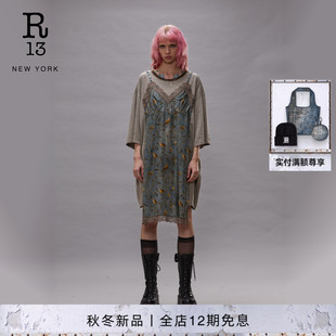 R13 2026早秋新品解构拼接设计碎花中长款T恤式连衣裙