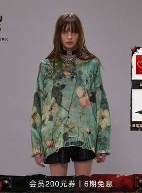 R13 明星同款宽松复古做旧花卉印花毛衣针织衫