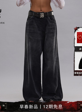 R13 2026早春新品 NICO WRAP复古做旧水洗黑色高腰宽松阔腿牛仔裤