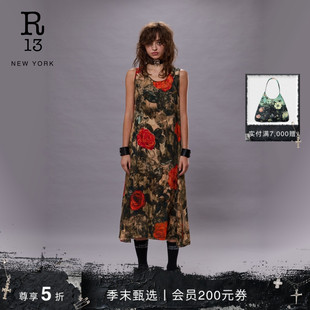 无袖 法式 中长裙复古朋克迷彩玫瑰背心连衣裙 2025春夏新品 R13