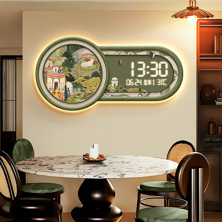 中古风客厅挂钟餐厅带钟表装饰画