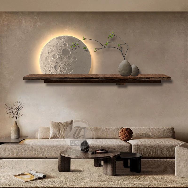 侘寂风砂岩客厅装饰画月球灯画