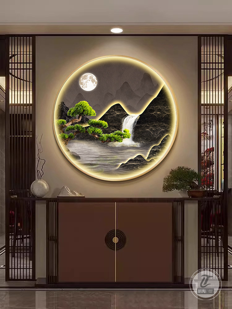 流动的水,财富,入口装饰画,大气山水画,客厅,新中国风圆形壁