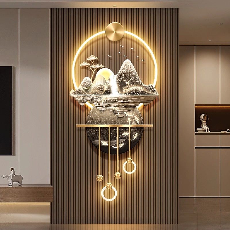 旭日东升客厅电视格栅装饰挂件流水生财九鱼图玄关背景墙壁画带灯