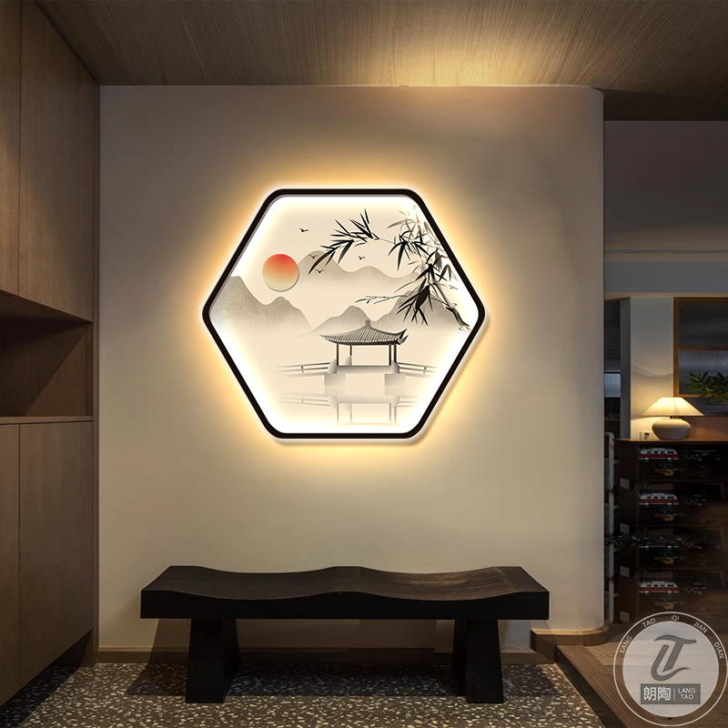 新中式玄关装饰画带灯发光墙壁画过道走廊挂画书房茶室六边形挂件