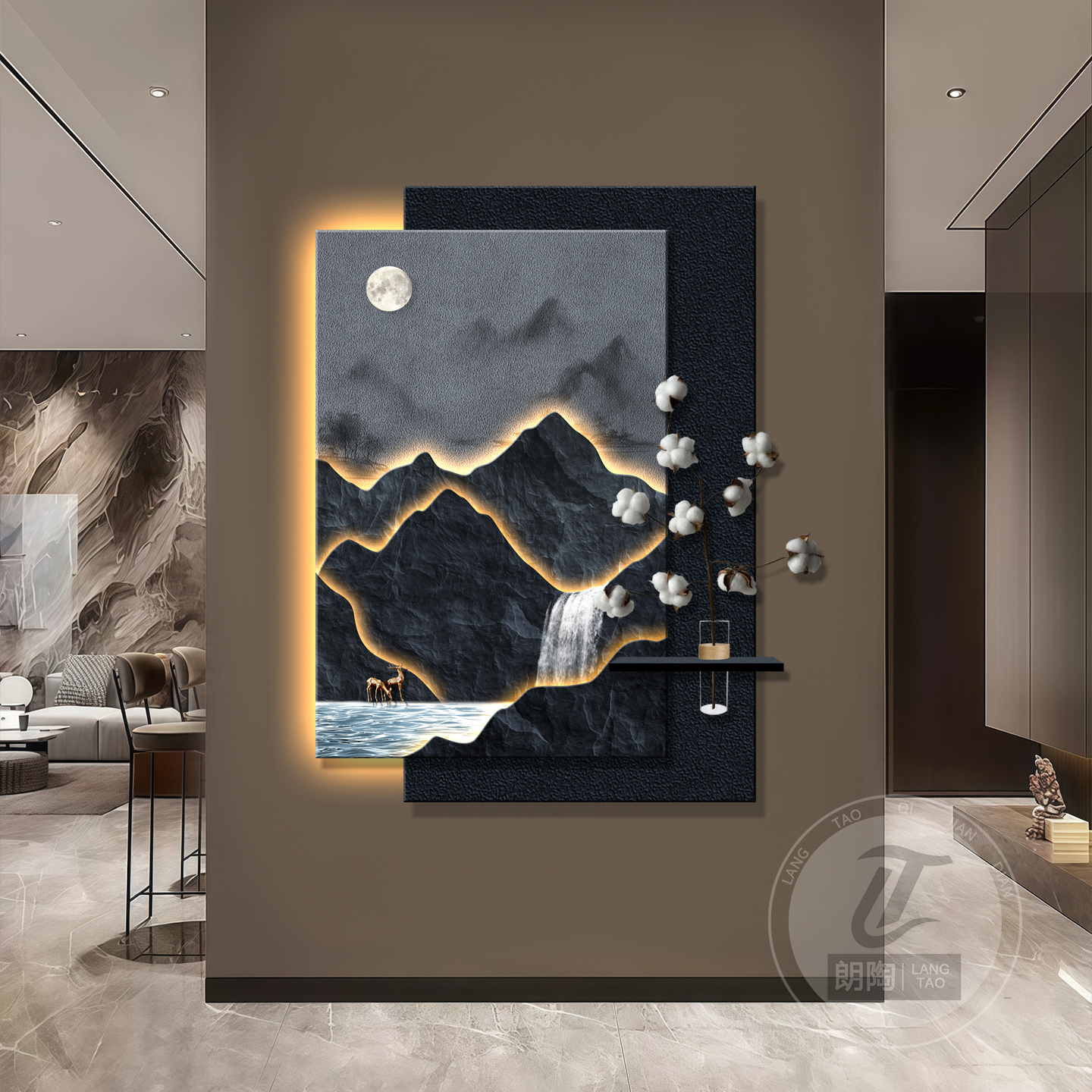 轻奢山水玄关装饰画立体砂岩客厅