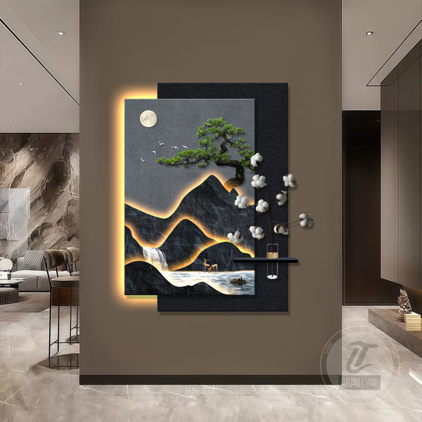 轻奢山水玄关装饰画背有靠山入户