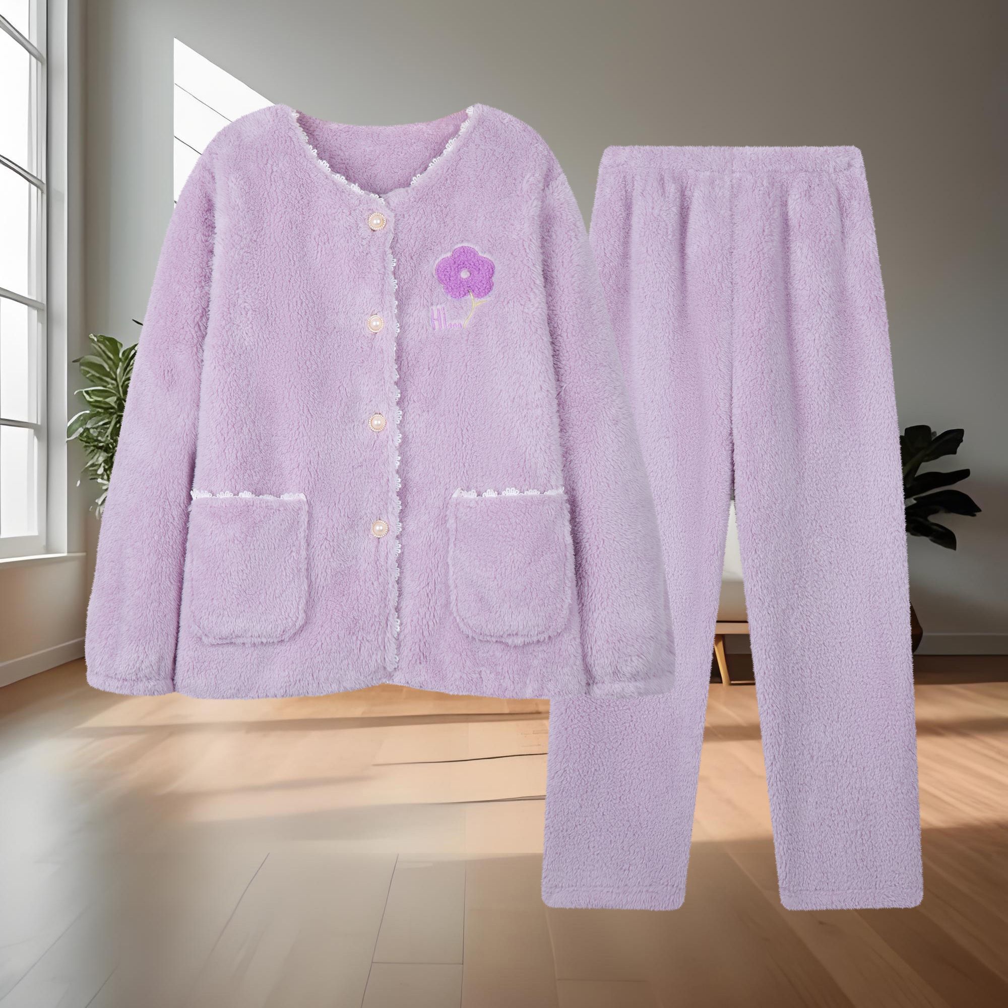 甜美珊瑚绒睡衣女冬季中厚保暖可外穿V领两件套秋冬家居服套装