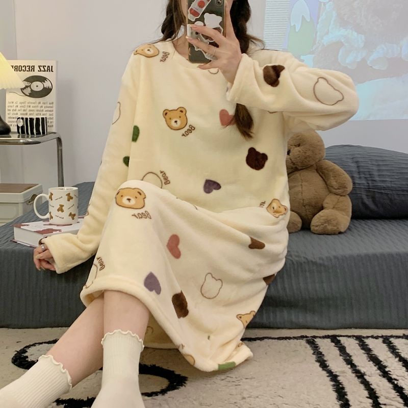 韩版珊瑚绒睡裙女秋冬季
