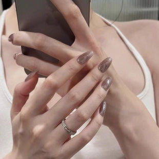 Hailey海莉欧美老钱风裸色茶色极光穿戴甲高级轻奢手工定制婚甲