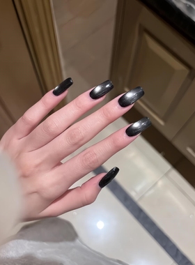 黑色玻璃珠纯手工穿戴甲新年款2025猫眼美甲成品短款指甲贴片
