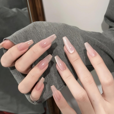 纯手工穿戴甲中长款裸色显白猫眼美甲2025新款高级感显白指甲贴片