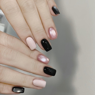 纯手工穿戴甲2026新款黑色跳色猫眼粉晶赫本短款显白美甲