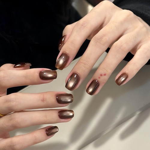 2025新款高级感棕色珠光猫眼美甲成品手工穿戴甲片可拆卸假指甲