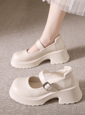 法式玛丽珍女鞋2026新款百搭春季配裙子厚底单鞋白色粗高跟小皮鞋