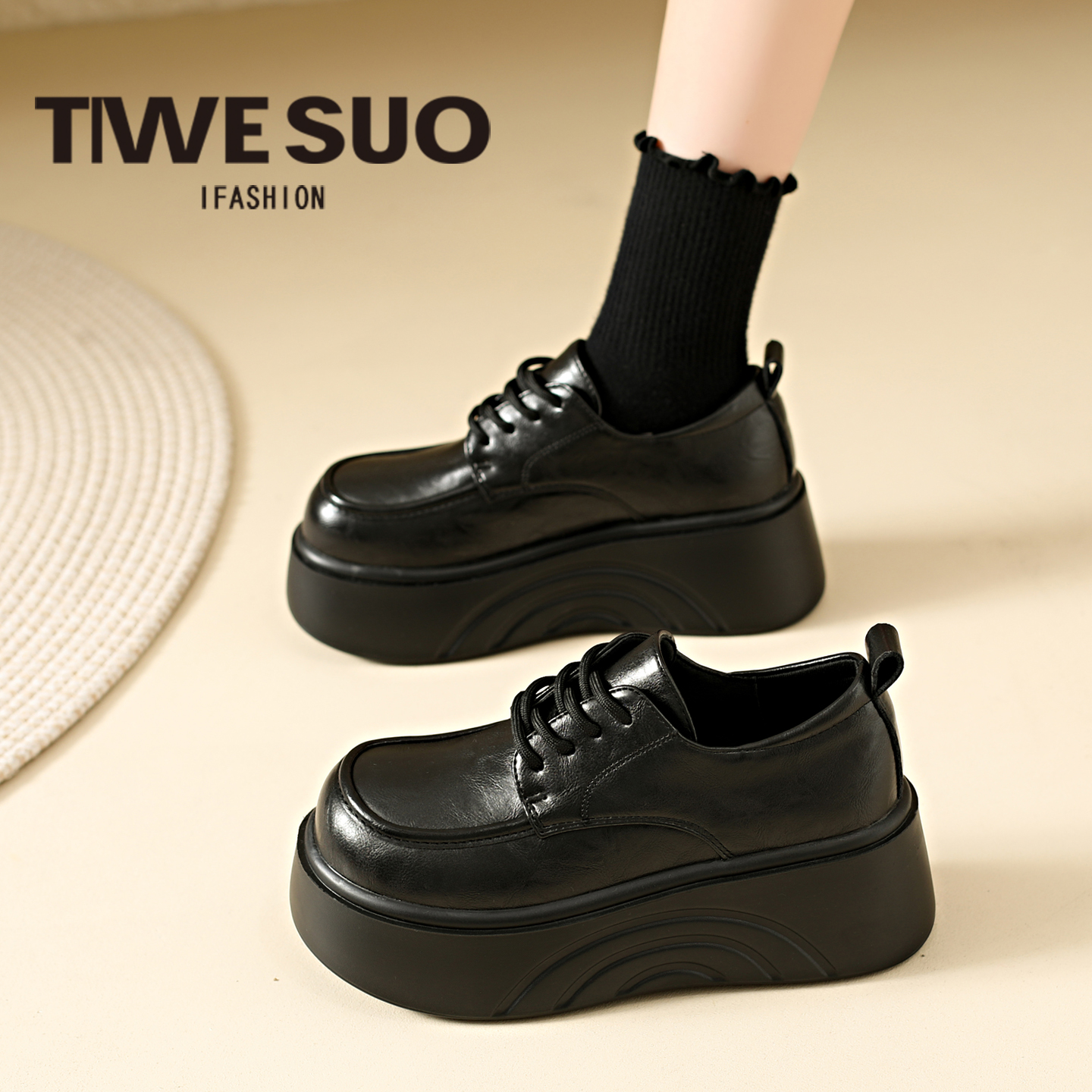 松糕厚底小皮鞋女乐福鞋系带单鞋