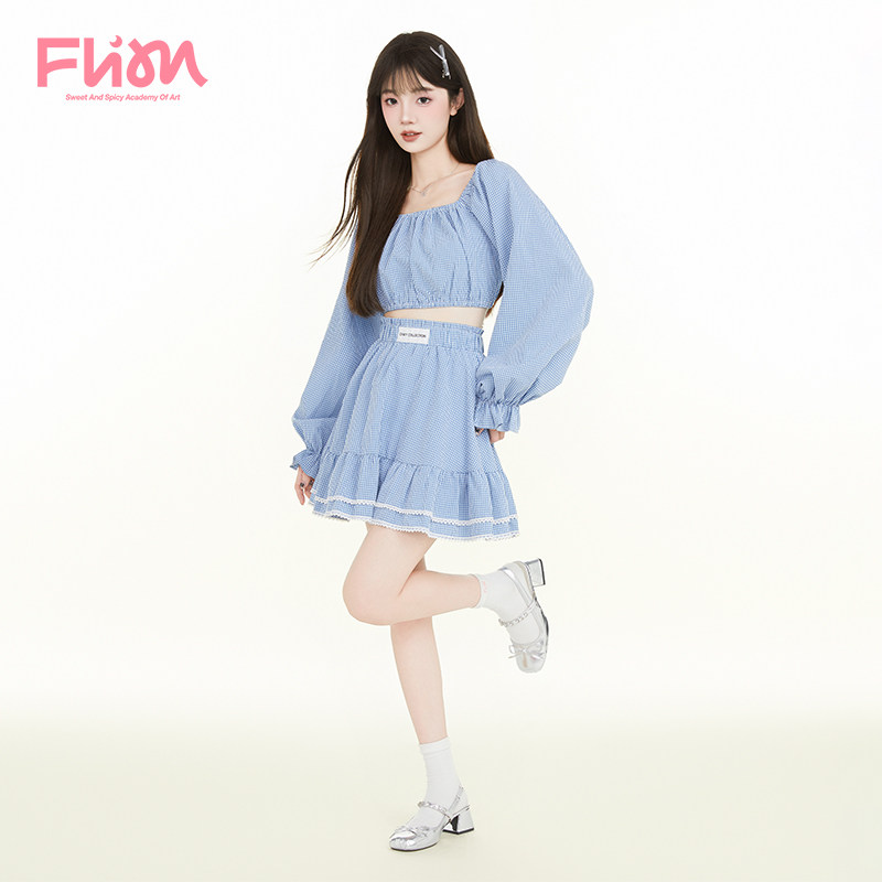 FLIM纯欲风一字肩格子裙装套装
