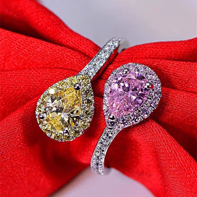 D色莫桑石粉钻黄钻开口水滴戒指