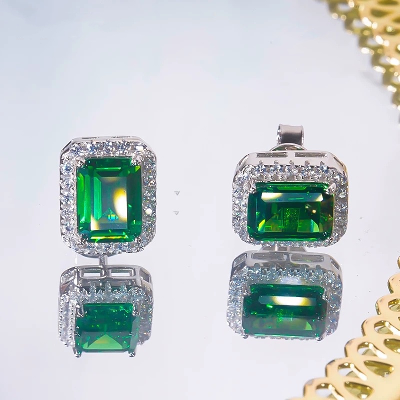 复古祖母绿长方形耳钉女