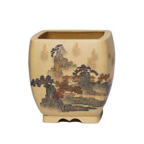 清香阁紫砂 潘涛墨绘呙口四方 桌面古花卉植物花盆客厅装饰紫砂