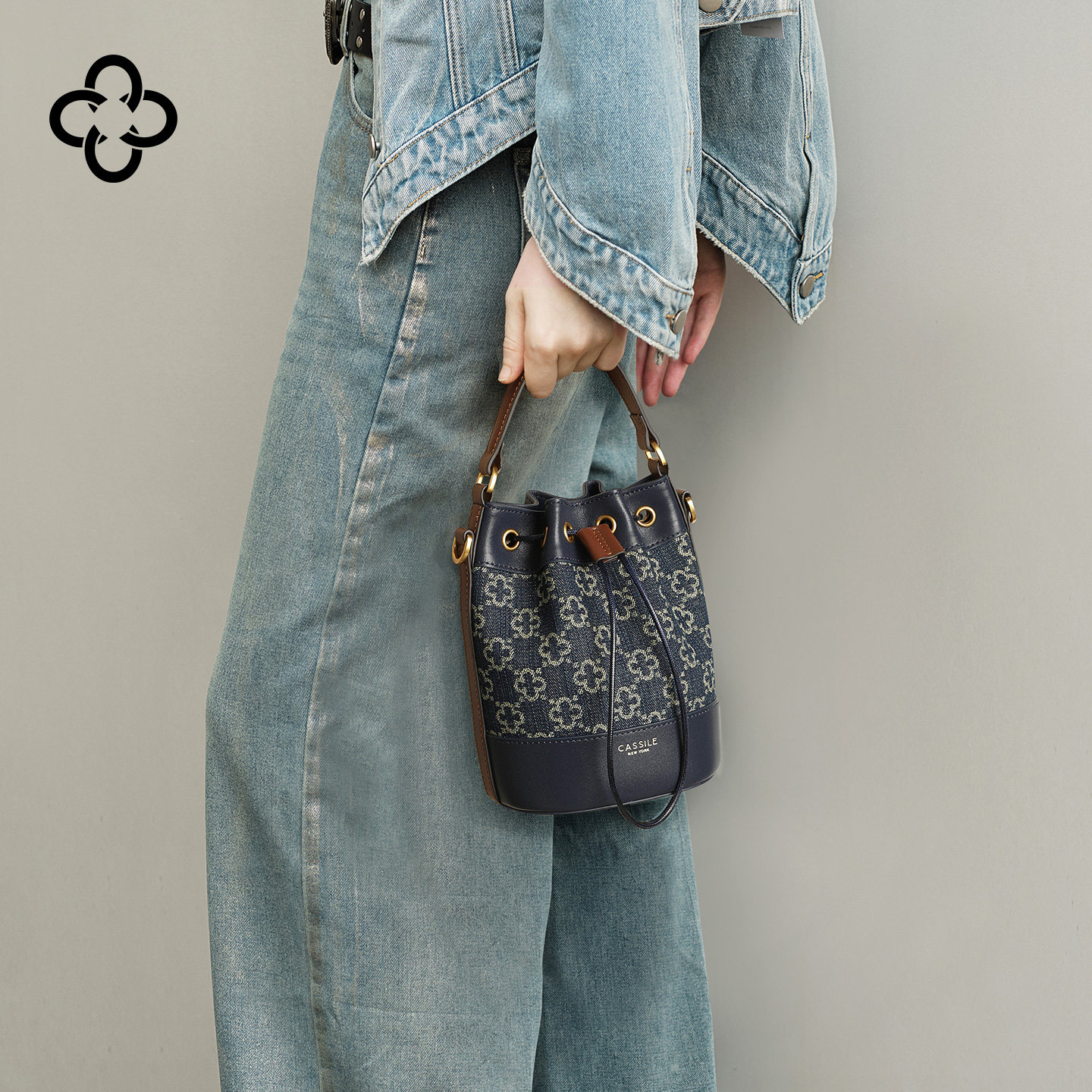 【母亲节礼物】卡思乐水桶包女新款单肩斜挎小包手提牛仔帆布包潮