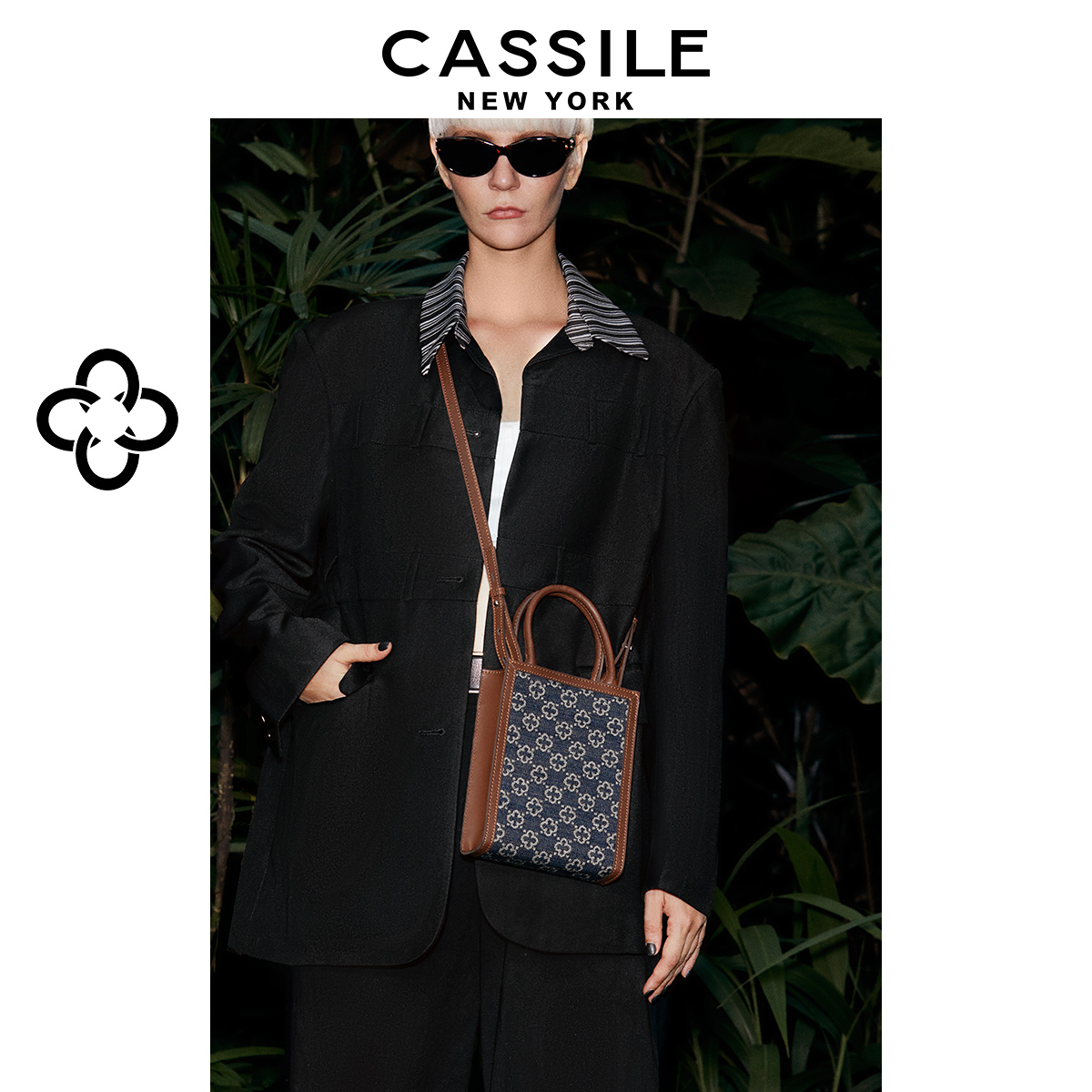 CASSILE卡思乐老花牛仔手拎包女2025夏季新款复古通勤斜挎帆布包