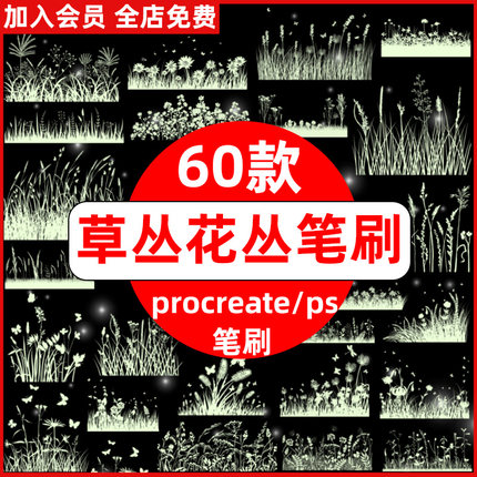野草杂草野花草丛草地草坪花丛麦田植物剪影procreate笔刷ps笔刷