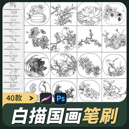 procreate笔刷ps临摹国画白描风景图线稿山水画花鸟图练习稿宋画